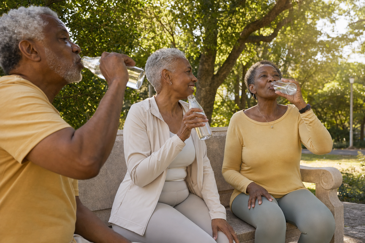 Three older Black adults enjoying water together in a sunny park