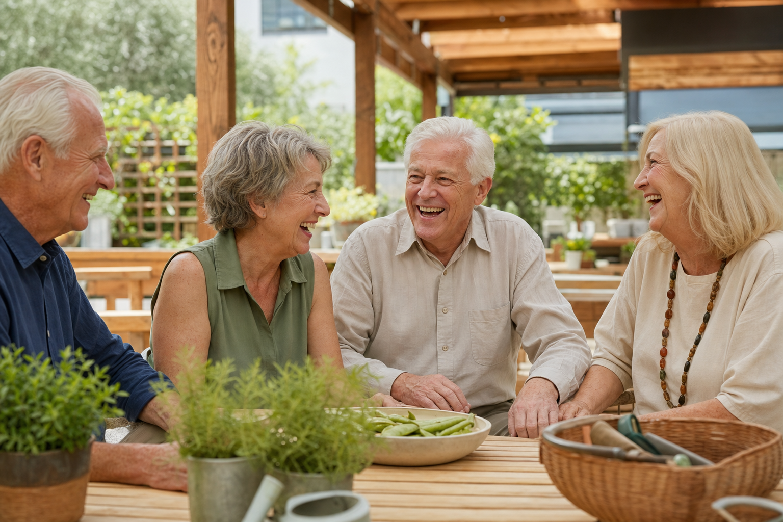 Older friends laughing together in a community garden