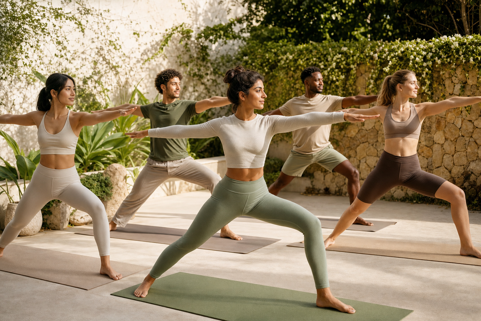 A diverse group of young adults practising yoga outdoors