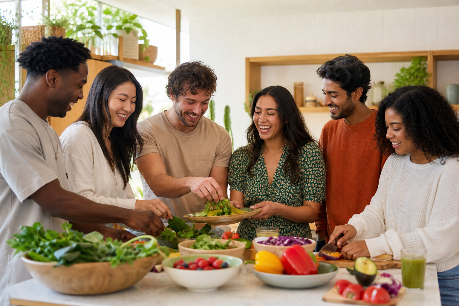 Diverse young friends preparing a colourful healthy meal together
