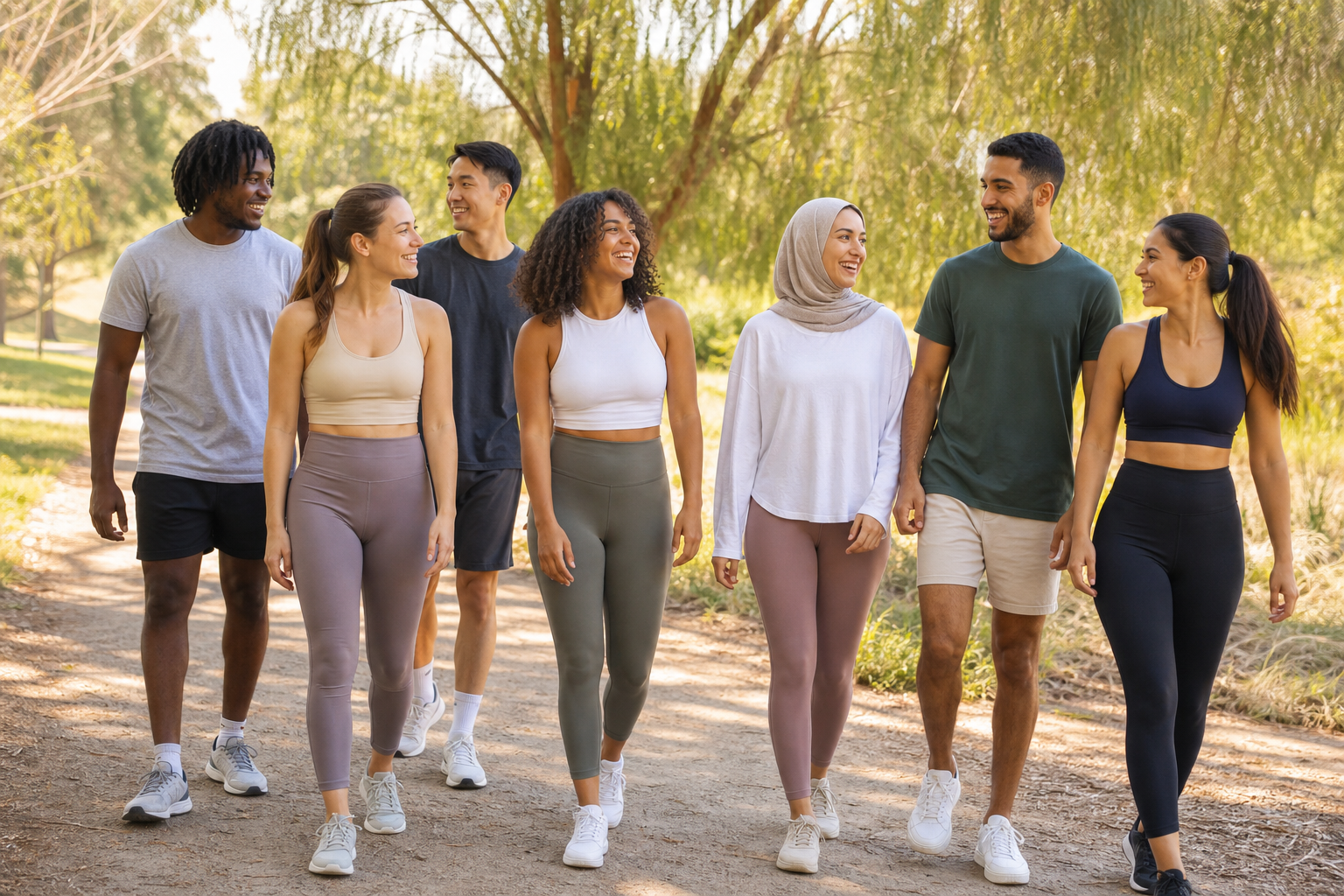 A diverse group of young adults walking and laughing together in a sunny park